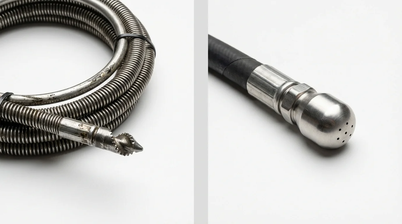 Drain snake cable and hydro jetting nozzle used for drain cleaning in Minneapolis, KS