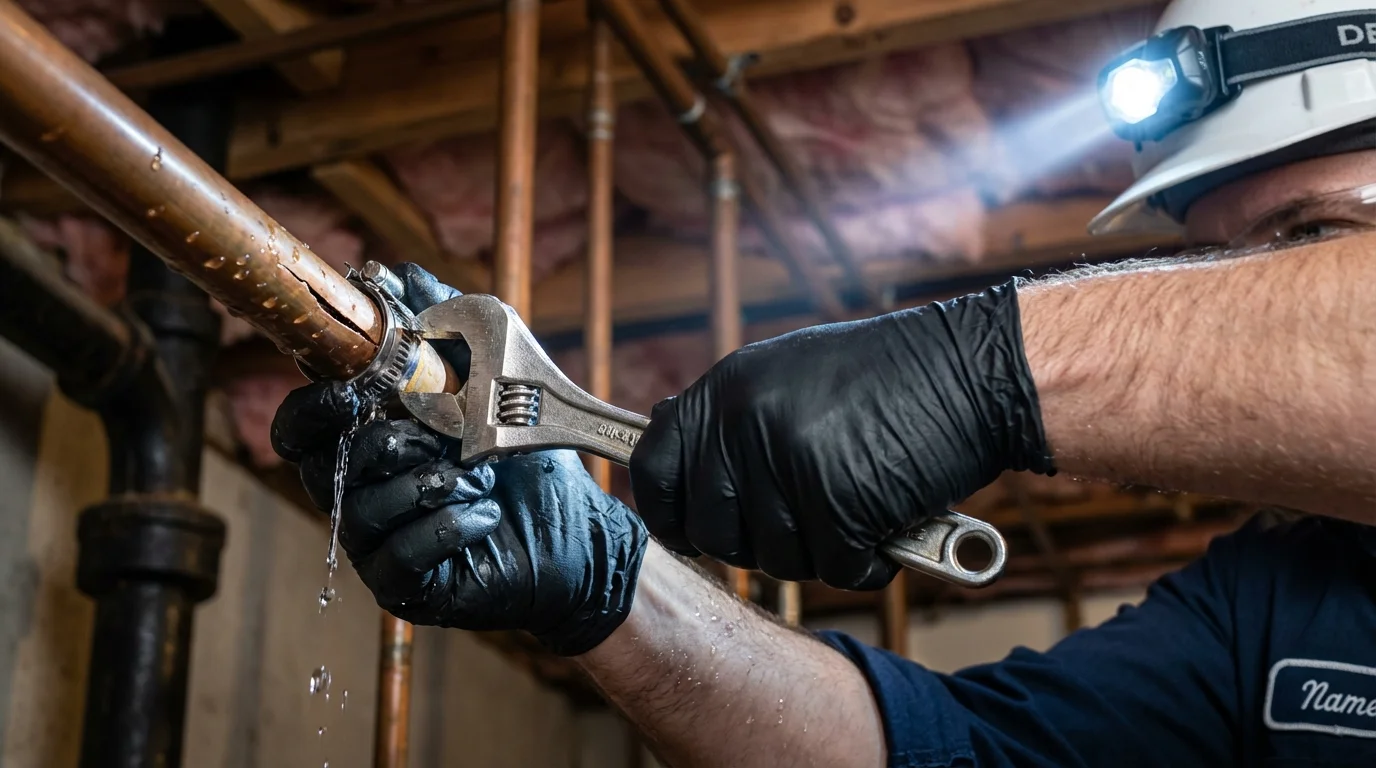 Emergency pipe clamp repair being performed by a Johns Plumbing LLC plumber in Minneapolis