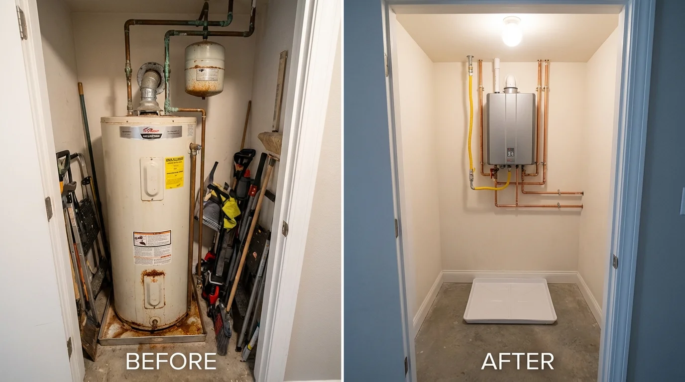 Tank water heater versus wall-mounted tankless unit comparison for Minneapolis, KS homeowners