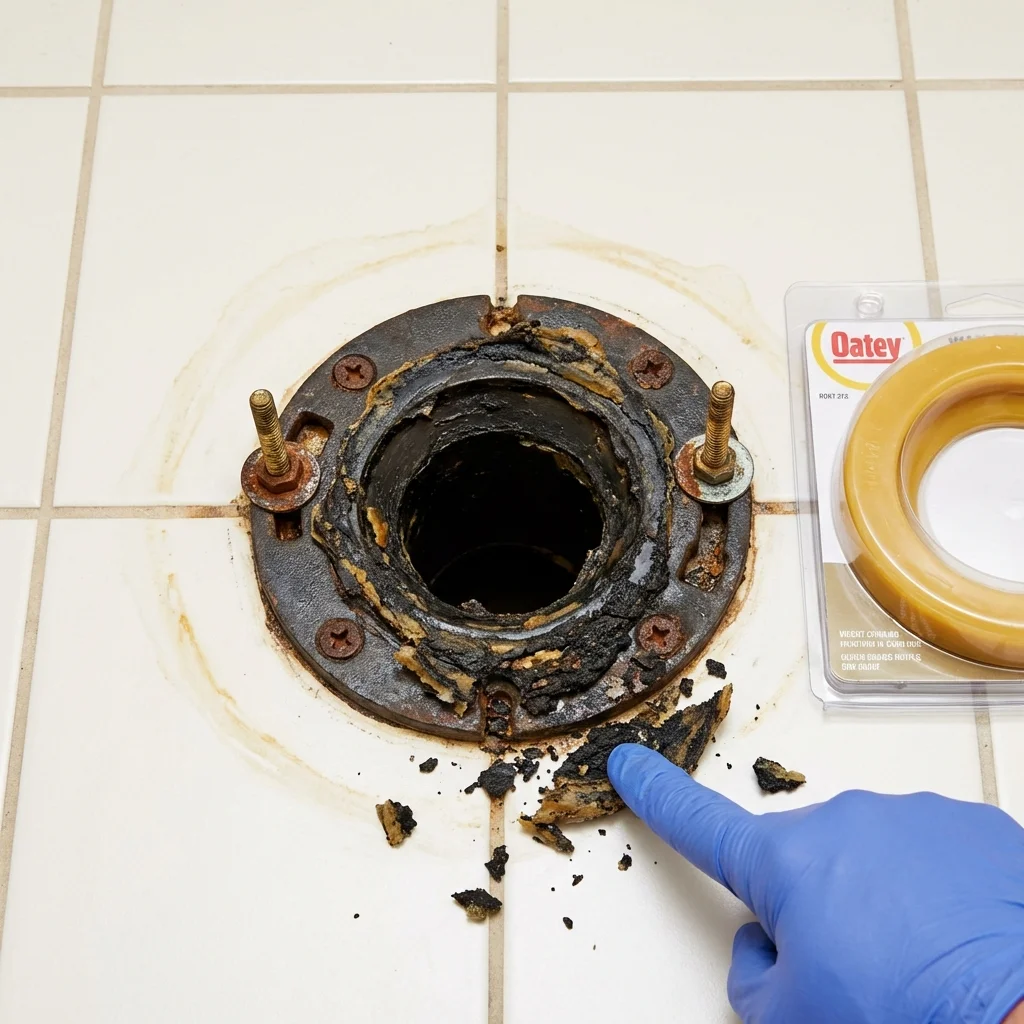 Failed wax ring showing water seepage at the base of a toilet in a Minneapolis, KS home