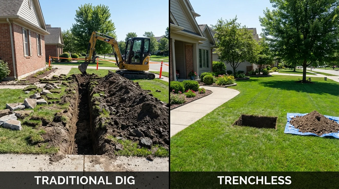 Trenchless sewer repair with minimal yard damage versus traditional excavation in Minneapolis, KS