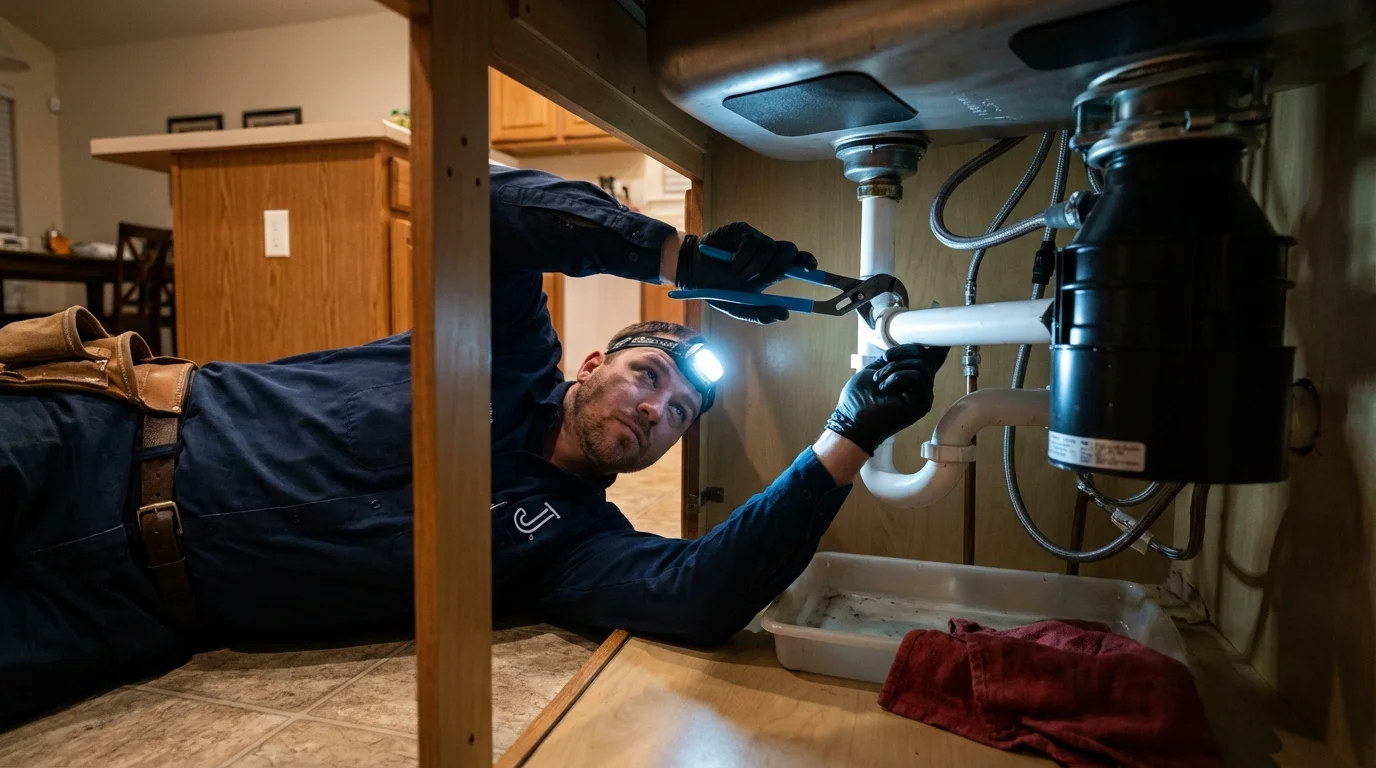 P-trap and supply line connections under a kitchen sink showing a common leak point in Minneapolis, KS